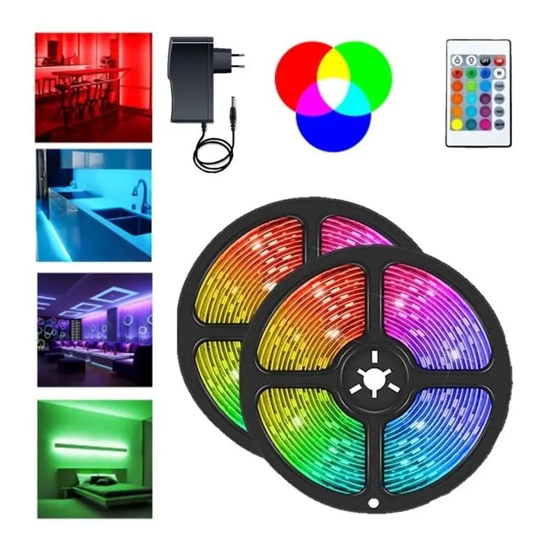 Fita de LED colorida RGB 3528, 5 m, com 300 LEDs e controle, ideal para decoração de quartos, casas e tetos de gesso