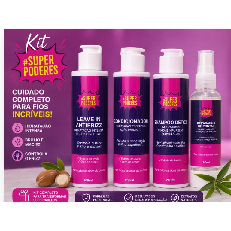 Kit Tratamento Capilar Super Poderes Argan Shampoo Condicionador Leave In e Reparador