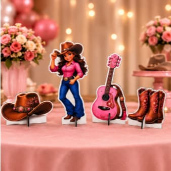 Display de Mesa Boiadeira Kit 4 Totens MDF Decoração Festa Aniversário Impressão UV Alta Qualidade 27cm