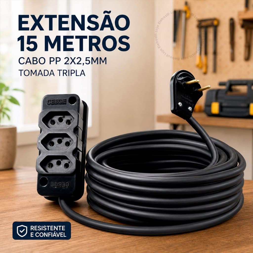 Extensão Elétrica Grande 15 Metros 20 Amperes 3 Tomadas Tripla Reforçada Cabo PP 2x2.5mm Bivolt 110 220V Voltz