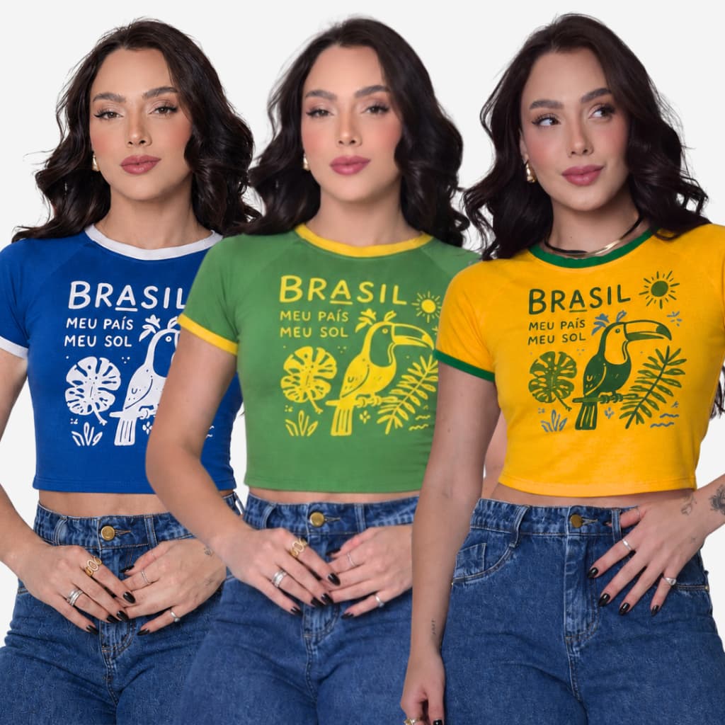 Kit 2 Camiseta Cropped Feminino Tucano Baby Look Brasil Rio de Janeiro Estampa Tropical Praia