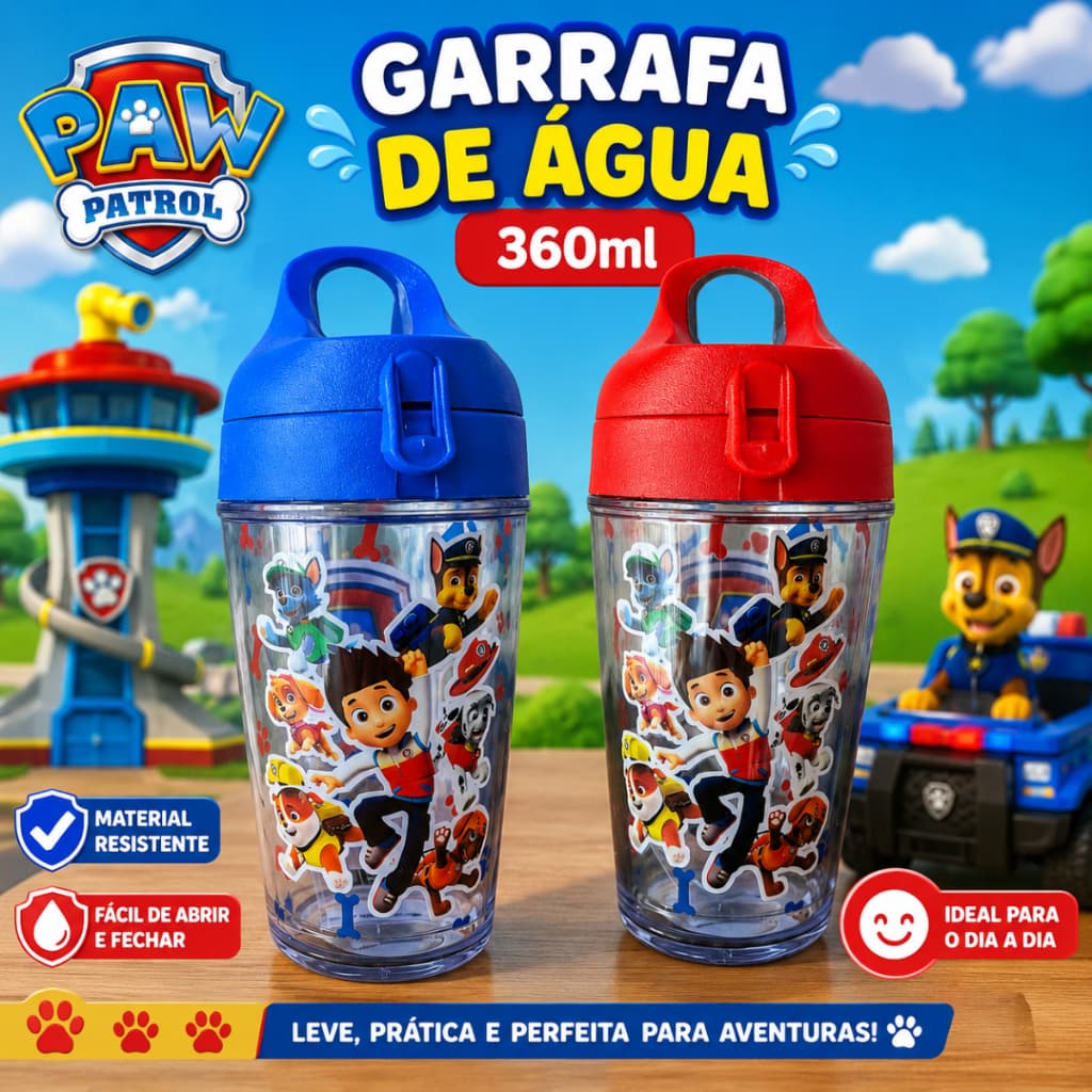Garrafinha Patrulha Canina Garrafa De Agua Squeeze Infantil Escolar Lancheira 360ml