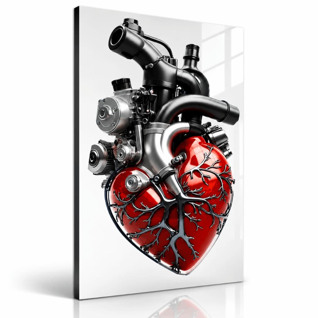 Quadro Decorativo Coração Humano Mecânico Anatomia Medicina Engenharia Preto Vermelho