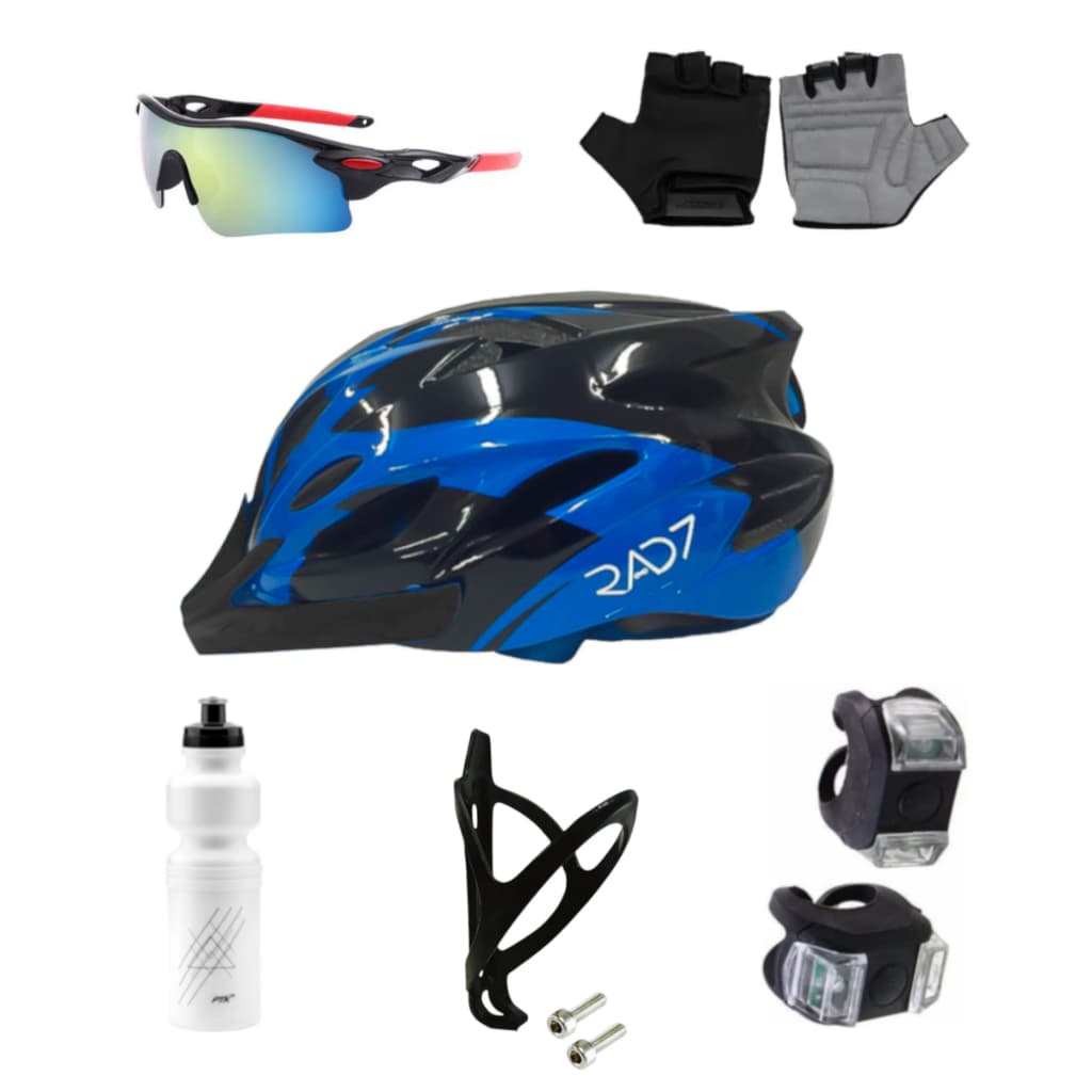 Kit Ciclismo Capacete InMold, Óculos, Par de Luvas, Led e Garrafa C/ Suporte