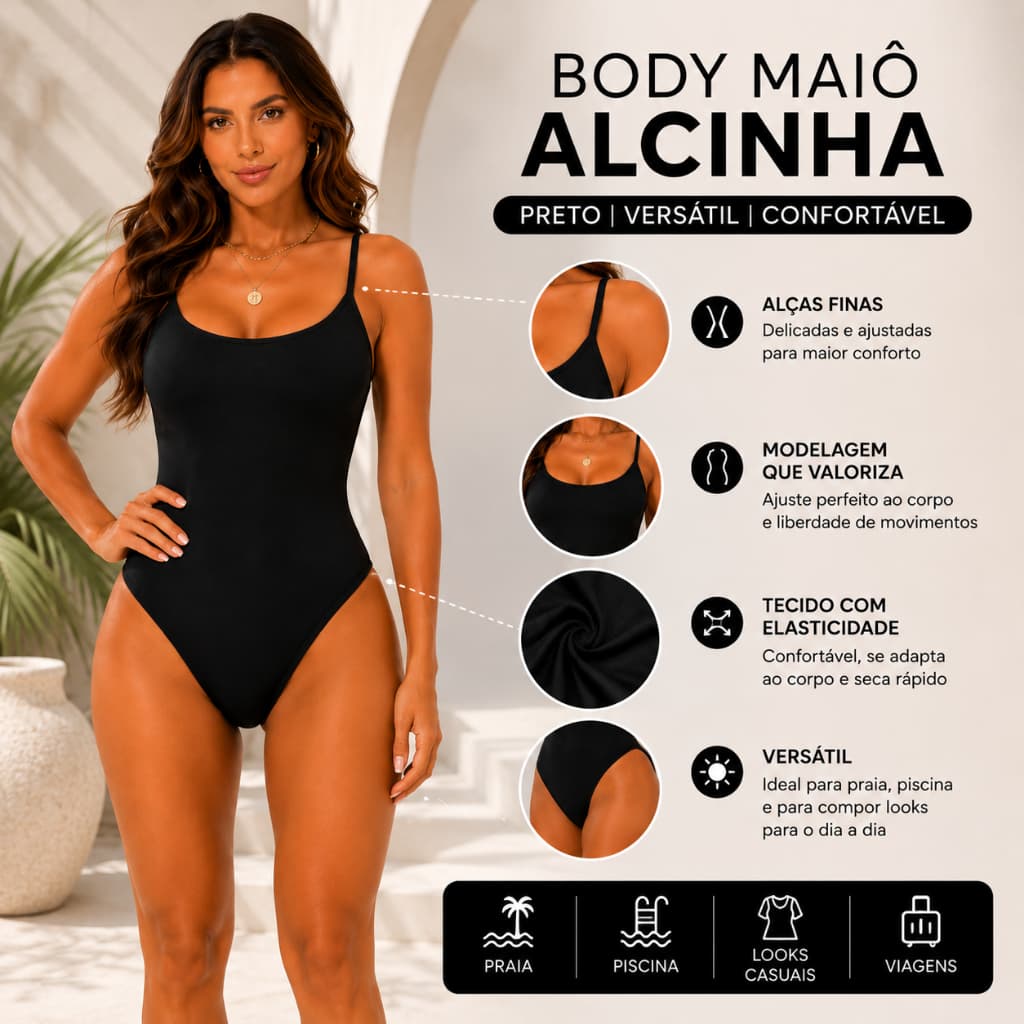 BODY MAIÔ FEMININO ALCINHA PRETO MODA PRAIA VERÃO