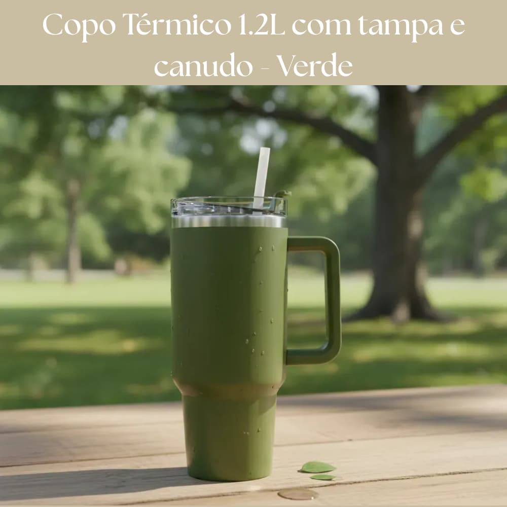 Copo Térmico Aço Inox 1200ml Caneca Com Alça Tampa e Canudo | Água Gelada Quente | Cor Verde