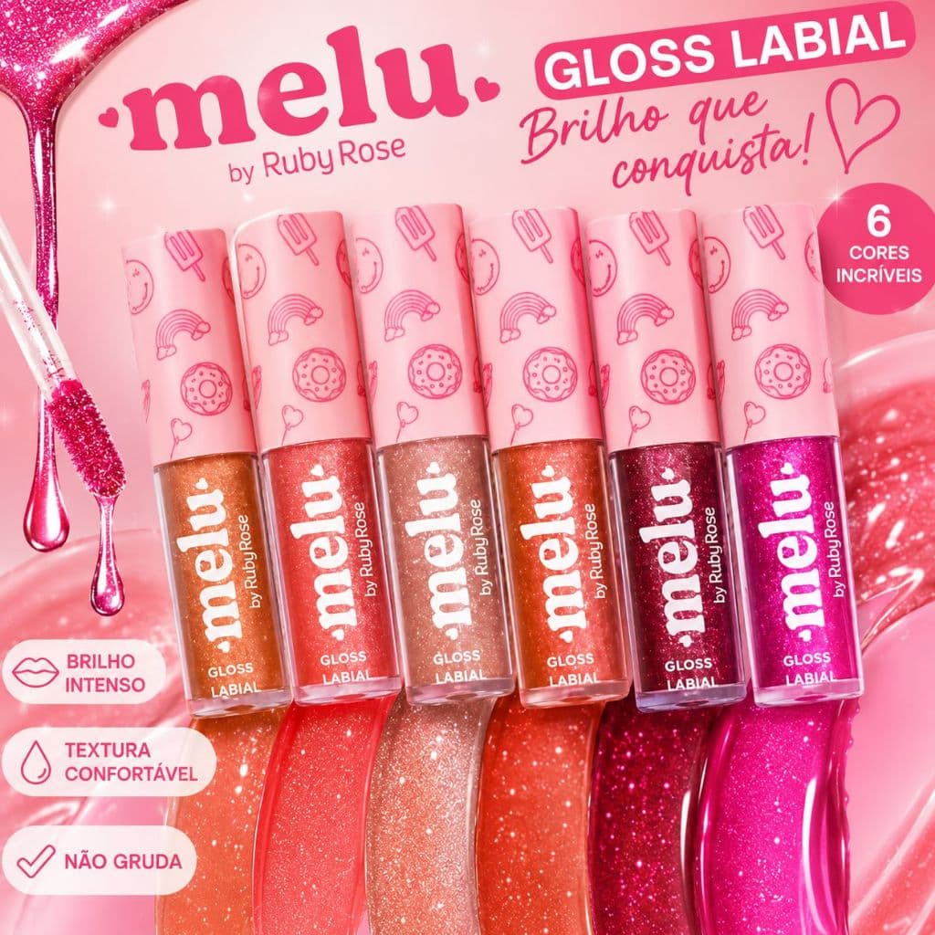 Gloss Labial Ruby Rose Melu – Brilho Intenso, Hidratação, Textura Leve e Acabamento Espelhado