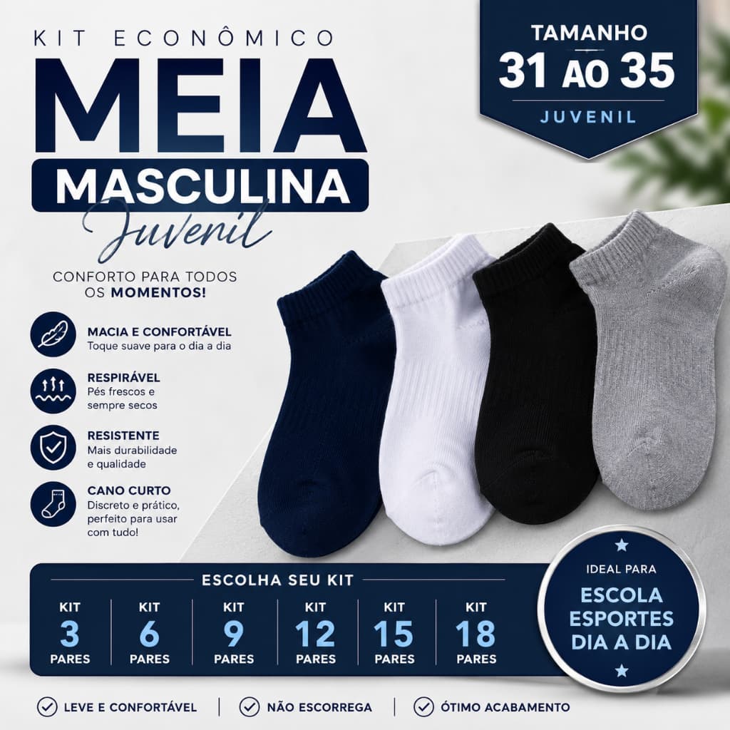 Kit 3/6/9/12/15/18 Pares Meias Masculinas Juvenil Cano Invisível Confortáveis Tamanho 31 ao 35