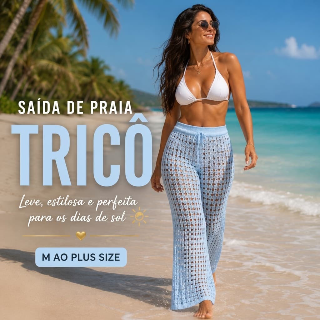 Calça Tricot Croche Pantalona Feminina Saida de Praia Plus Size Look Verão Piscina Tamanho M ao G1