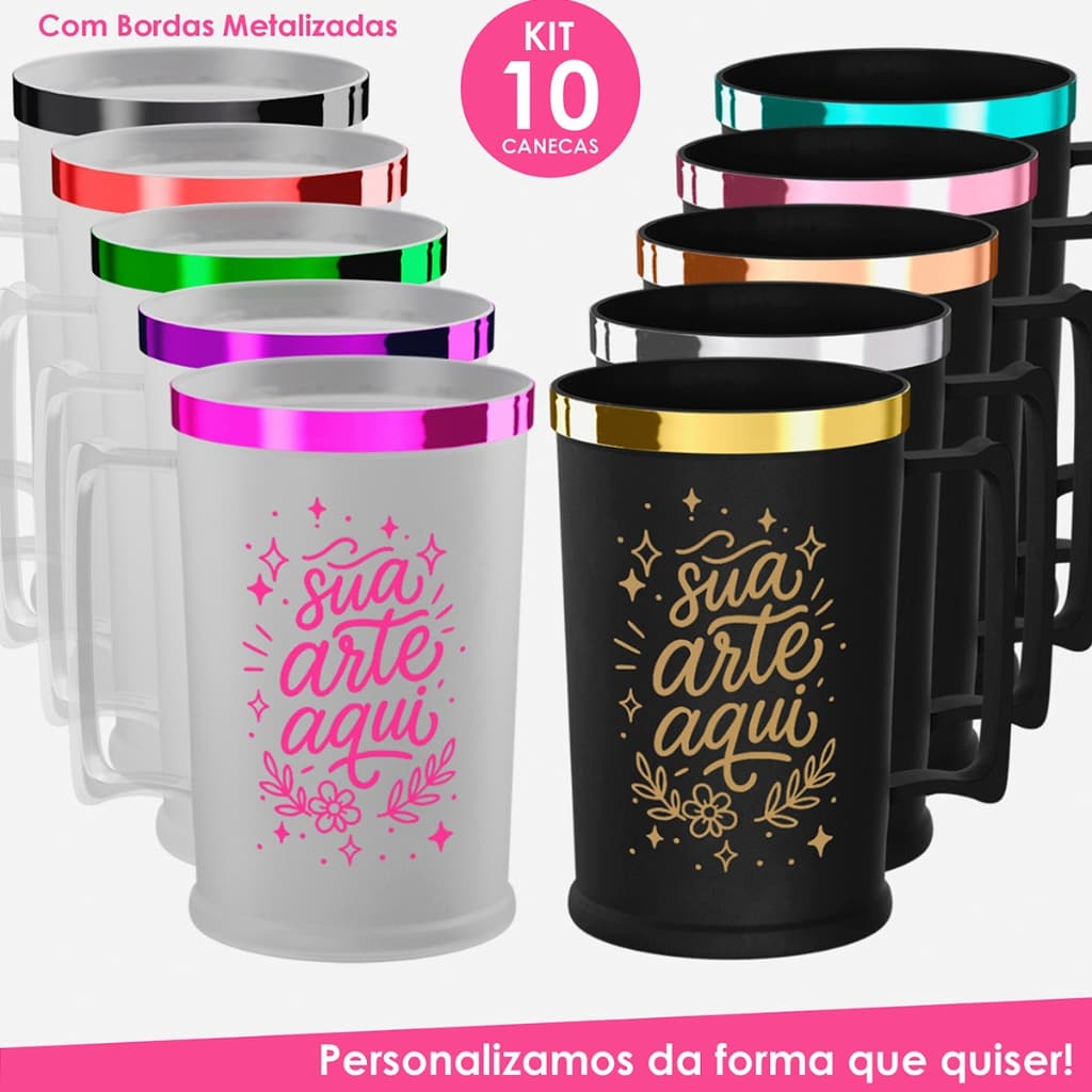 Caneca Chopp 500ml Personalizada borda metalizada casamento formatura aniversário brinde KIT PREMIUM