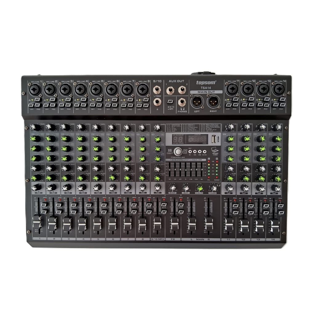 MESA DE SOM 14 CANAIS 2 AUXILIARES 99 EFEITOS BOTÃO MUTE TOPSOM TSA-14