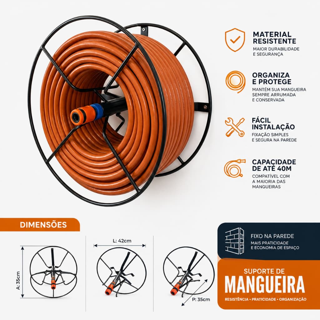 Suporte de Mangueira Para Parede Enrolador Multiuso Fixo