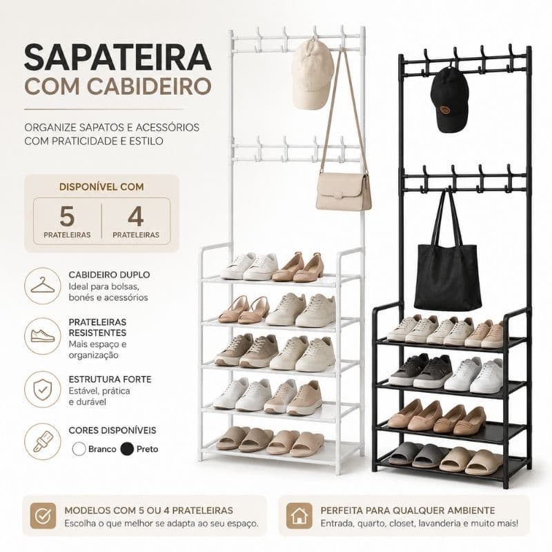 Arara Cabideiro com Sapateira Porta Sapatos Organizador Closet Multiuso 4 ou 5 Prateleiras Metal