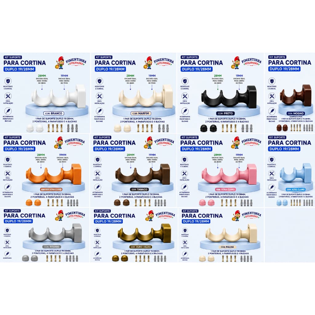 Kit Suporte Duplo para Cortina 19/19mm e 19/28mm com Ponteiras, Parafusos e Buchas | Alta Resistência