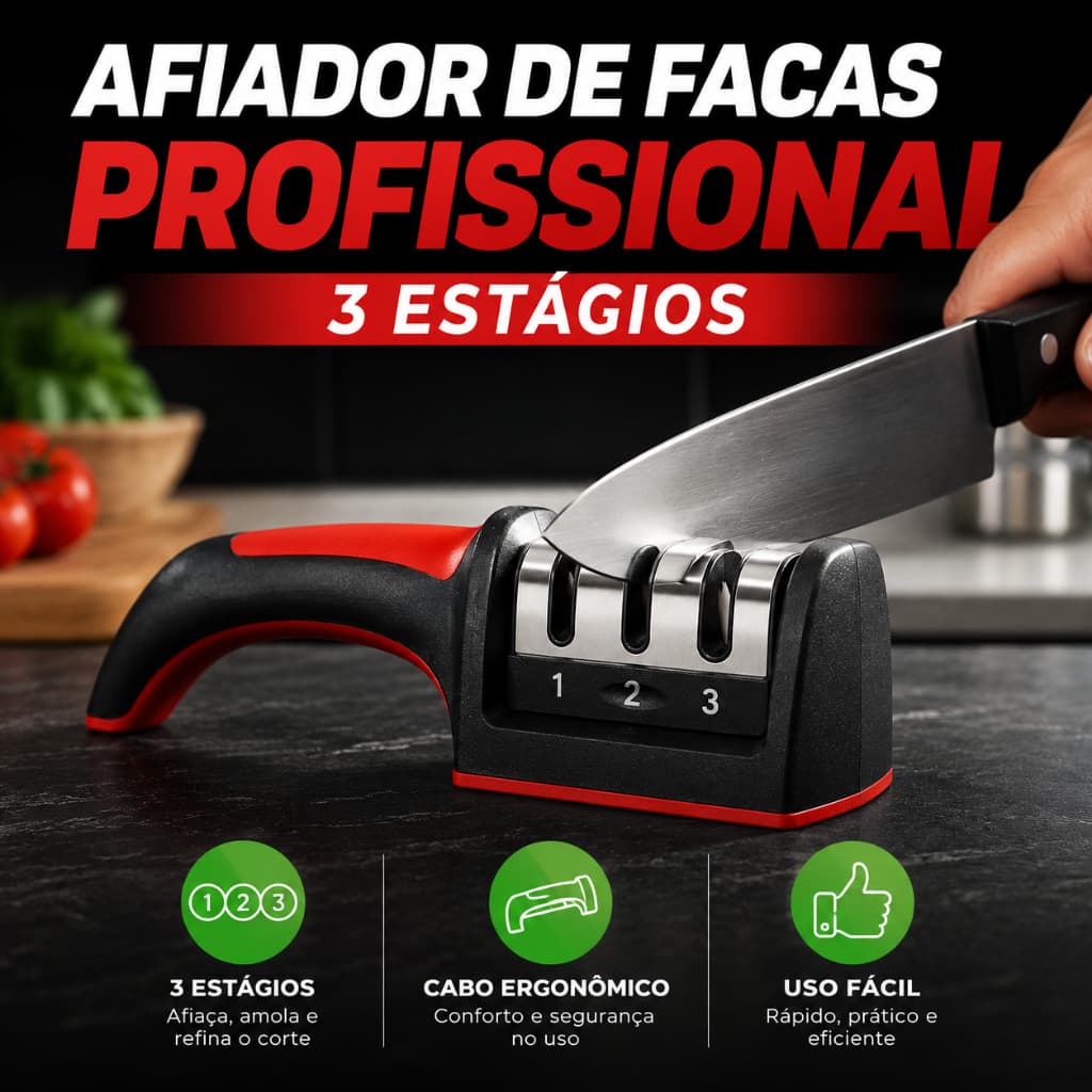 Afiador de Facas Profissional 3 Estágios Amolador Manual Cozinha Cabo Ergonômico Homeland