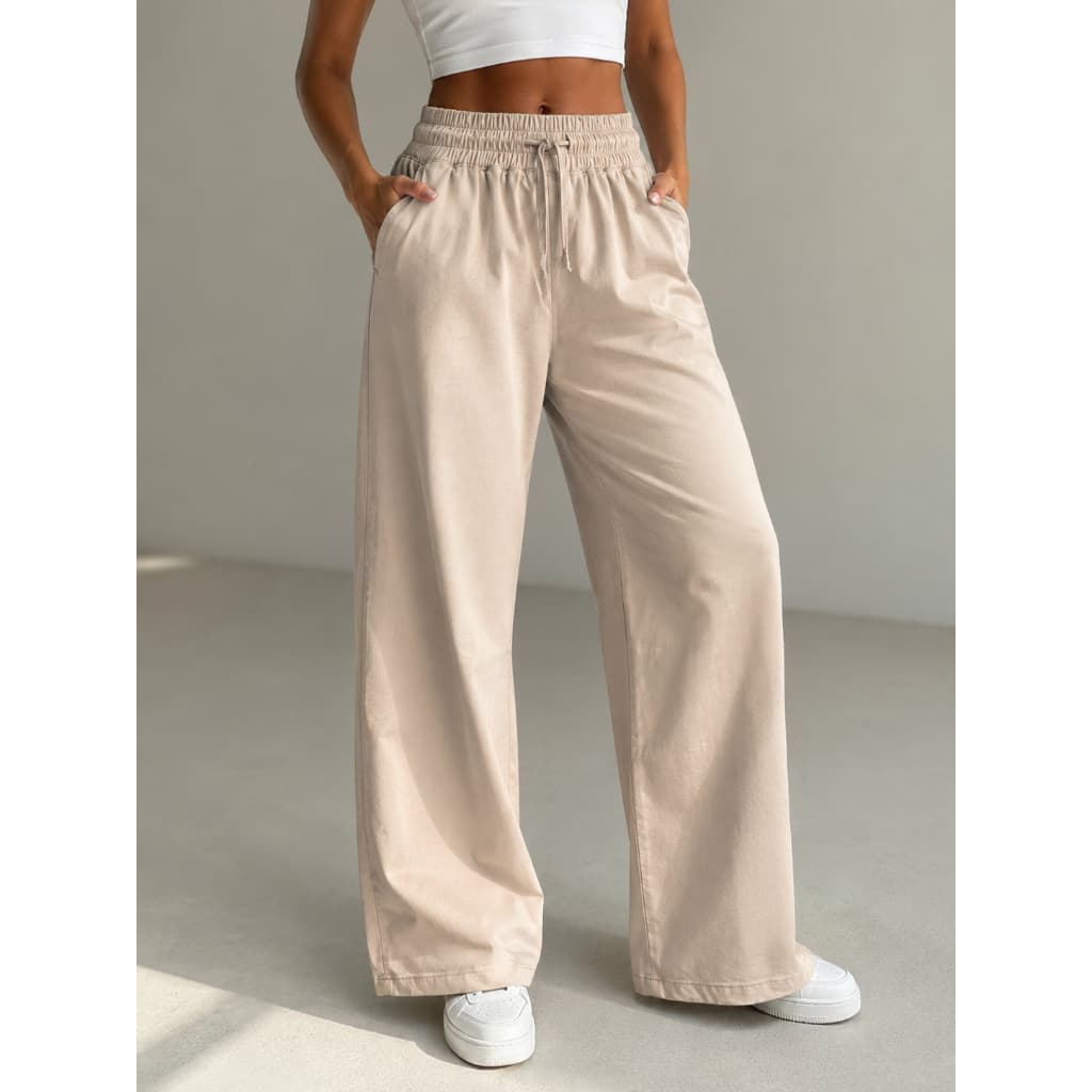 Calça Jeans Pantalona Feminina Lavagem Clara Cintura Alta Elastico Cós Estilo Moderno Atemporal