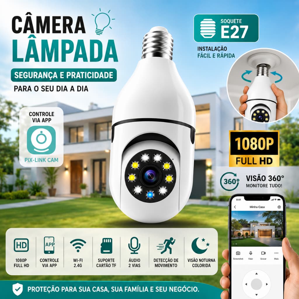 Câmera Lâmpada E27 WiFi 360° PTZ 1080P HD Visão Noturna Áudio Duas Vias Segurança