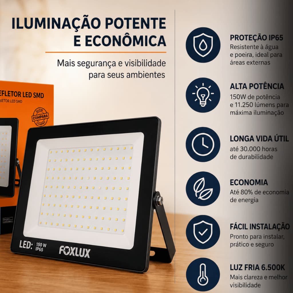 Refletor LED Foxlux 150W 6500K Alta Potência para Grandes Espaços Bivolt