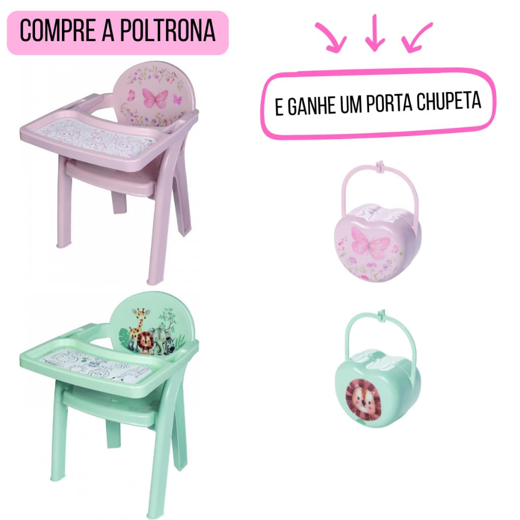 Kit Poltrona de Alimentação Infantil Cadeira com Bandeja para Colorir e Porta Chupeta Infantil - Plasútil