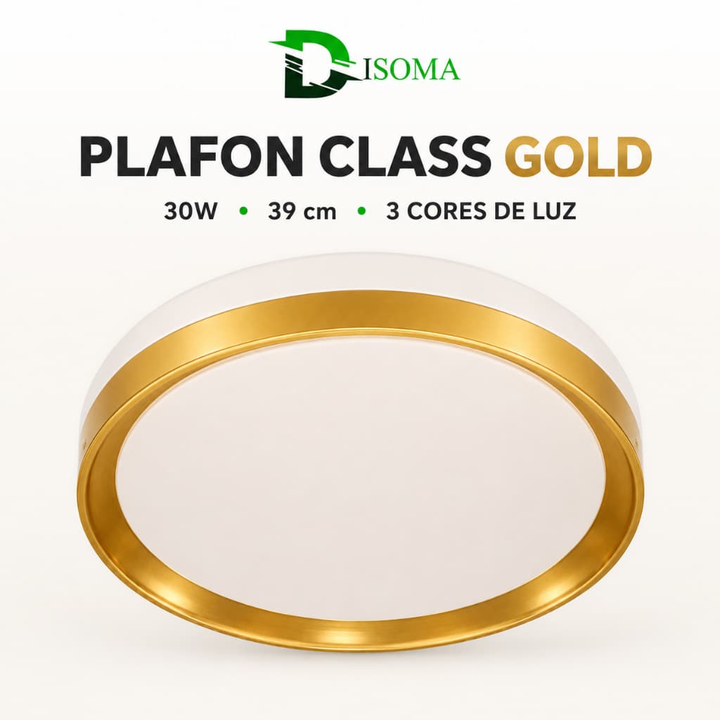 Plafon Luminária Led Sobrepor Class com Borda Dourada 30W com 39cm 3 Cores Bivolt Disoma