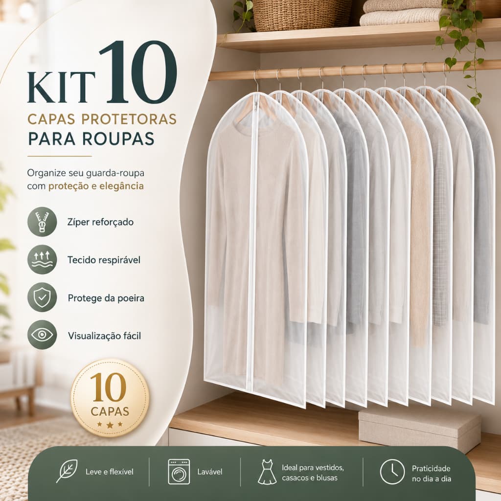 Kit 10 Capa protetora contra poeira resistente água terno paletó roupas zíper cabide alça anti 2026