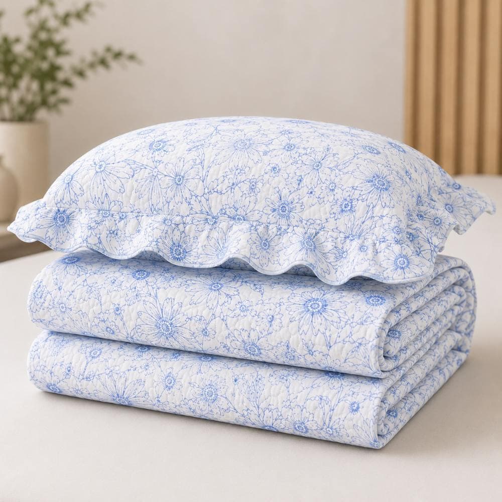 Conjunto Cobre Leito Colcha Solteiro Decorativo Floral Azul 2 Peças Toque Macio