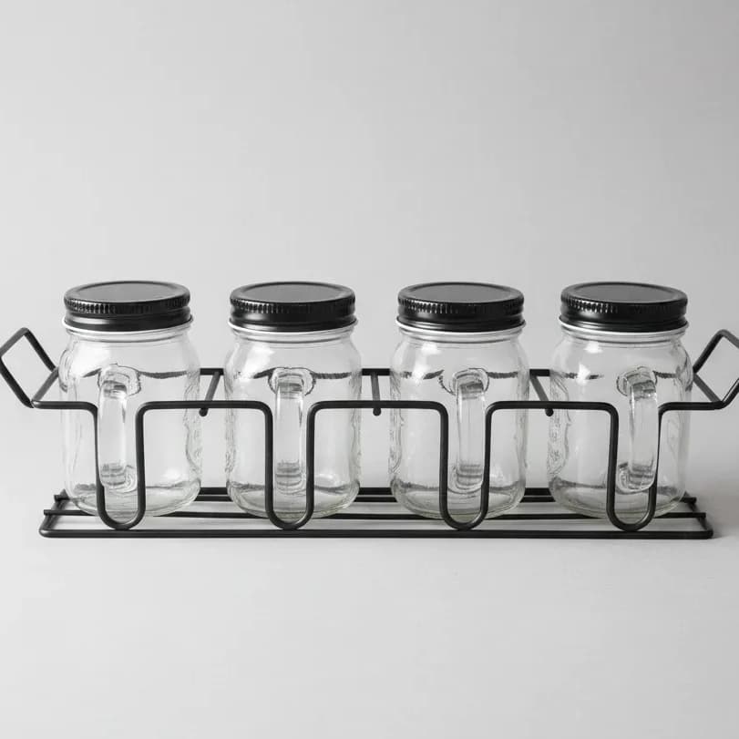 Porta Temperos com 4 Potes de Vidro e Suporte de Metal | Organizador para Cozinha