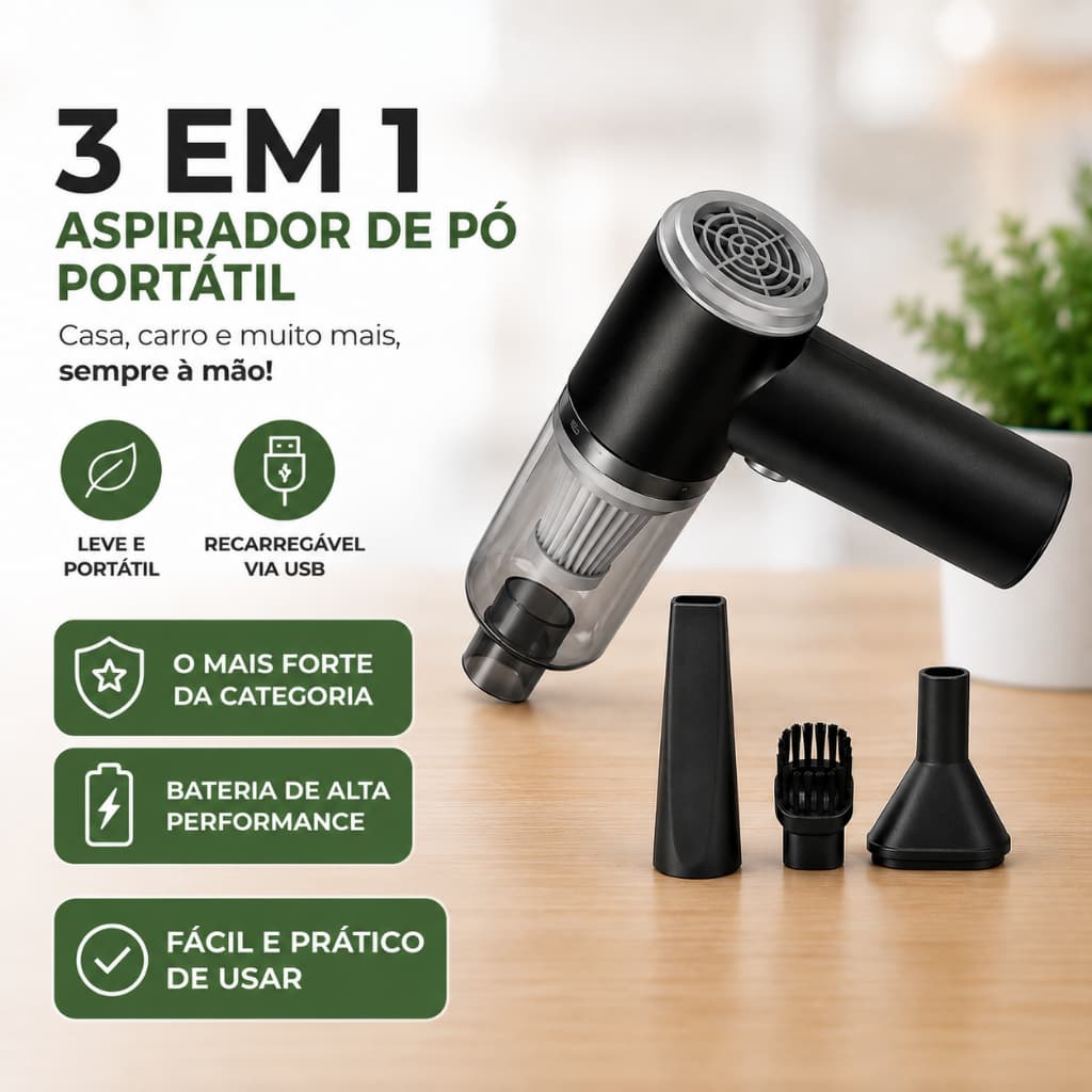 Mini aspirador de pó portátil 3 em 1 USB recarregável Multiuso. Automotivo e Multifuncional p/ carro, casa, computador..
