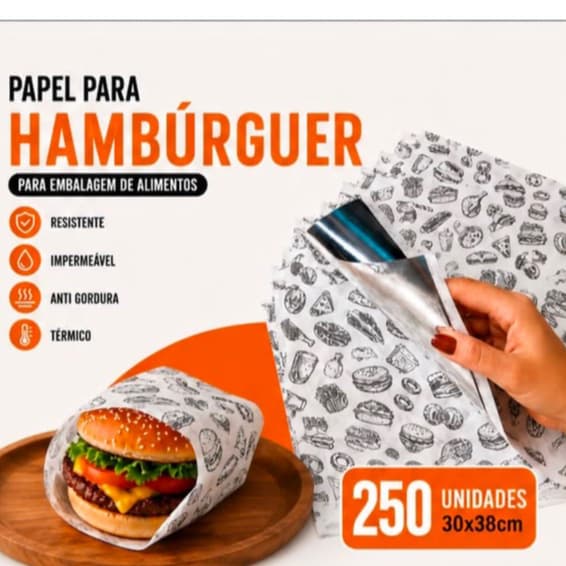 Kit 250un Papel Acoplado Térmico 30x38 Anti Gordura - Hambúrguer Delivery Metalizado para Lanche Fast Food