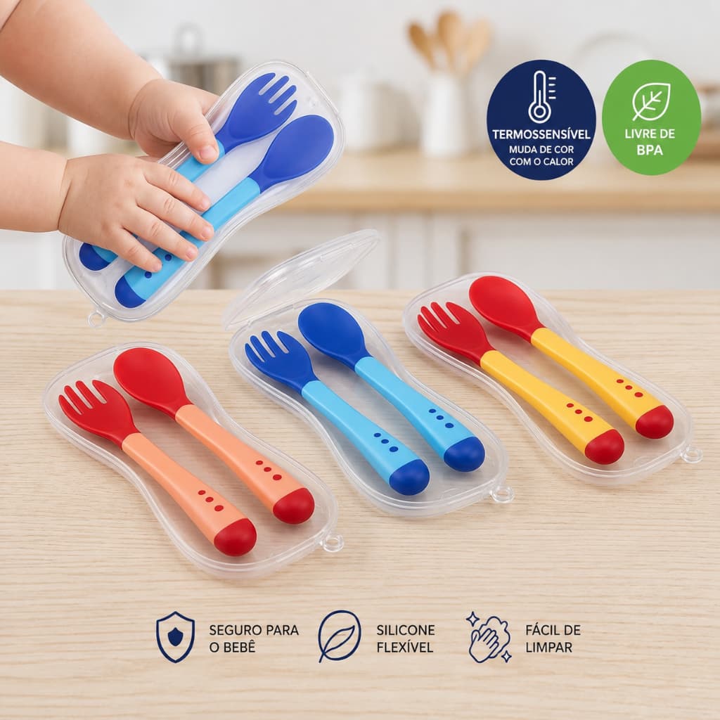 Kit Talher Infantil Silicone Termossensível Colher Garfo Introdução Alimentar Livre BPA