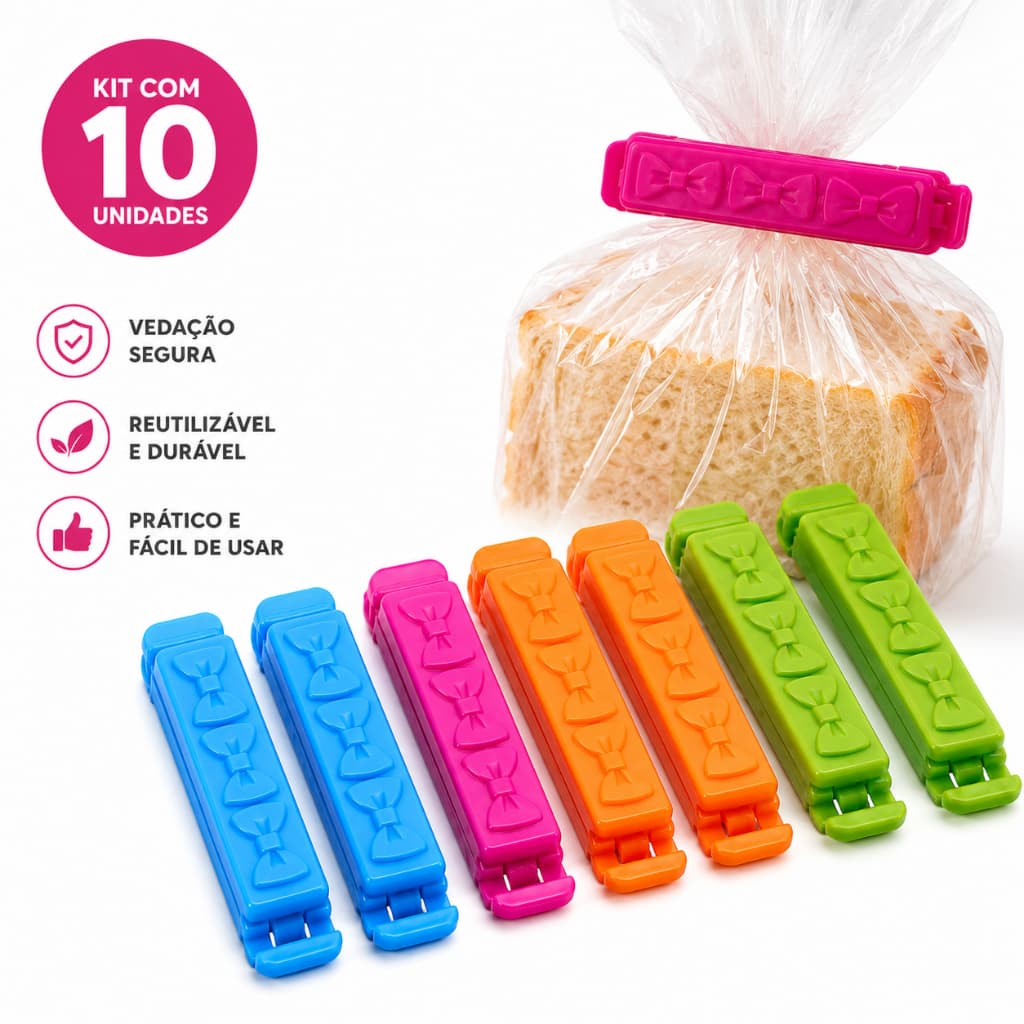 Clips Fecha Embalagem Sacos Lacres Alimentos Prático Reutilizável  7CM Kit 10 Unidades