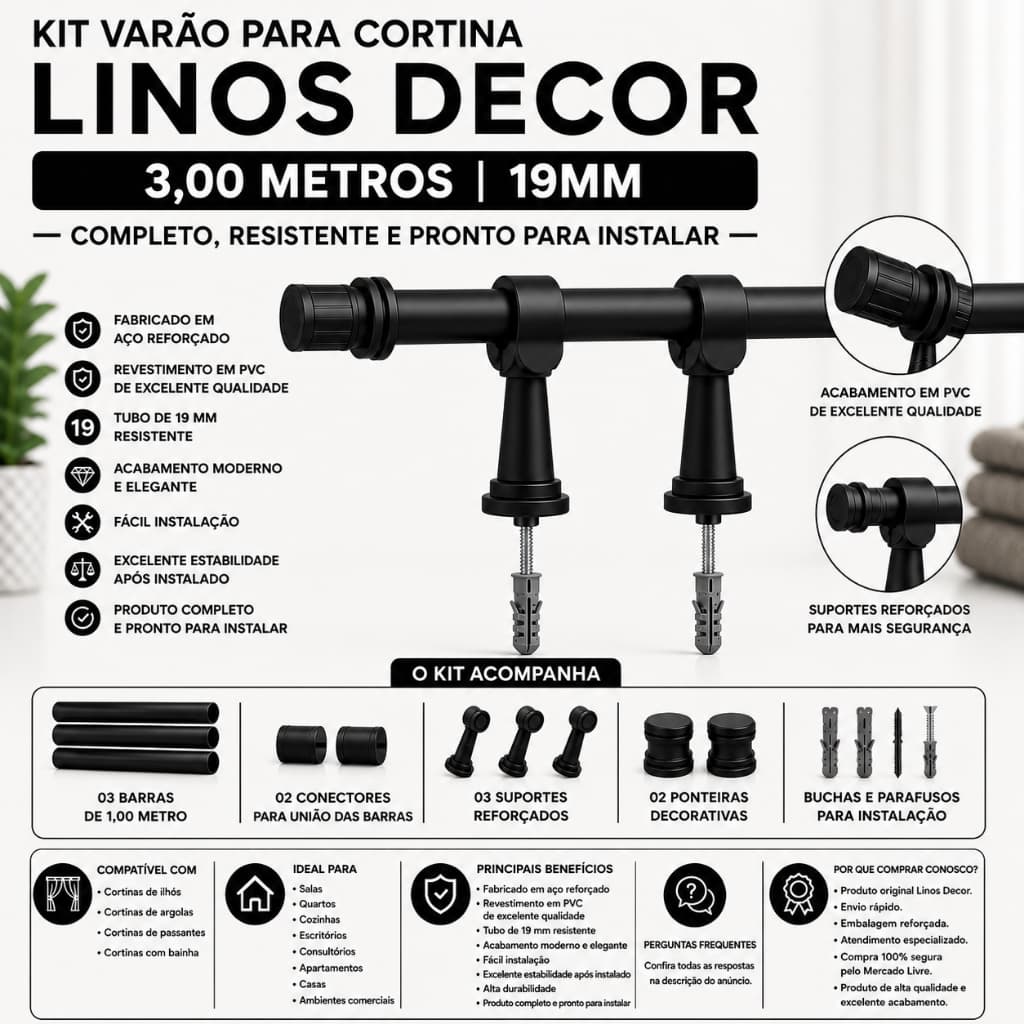 Varão para Cortina 3metros 19 mm Sala Cozinha Quarto feito em aço revestido em pvc