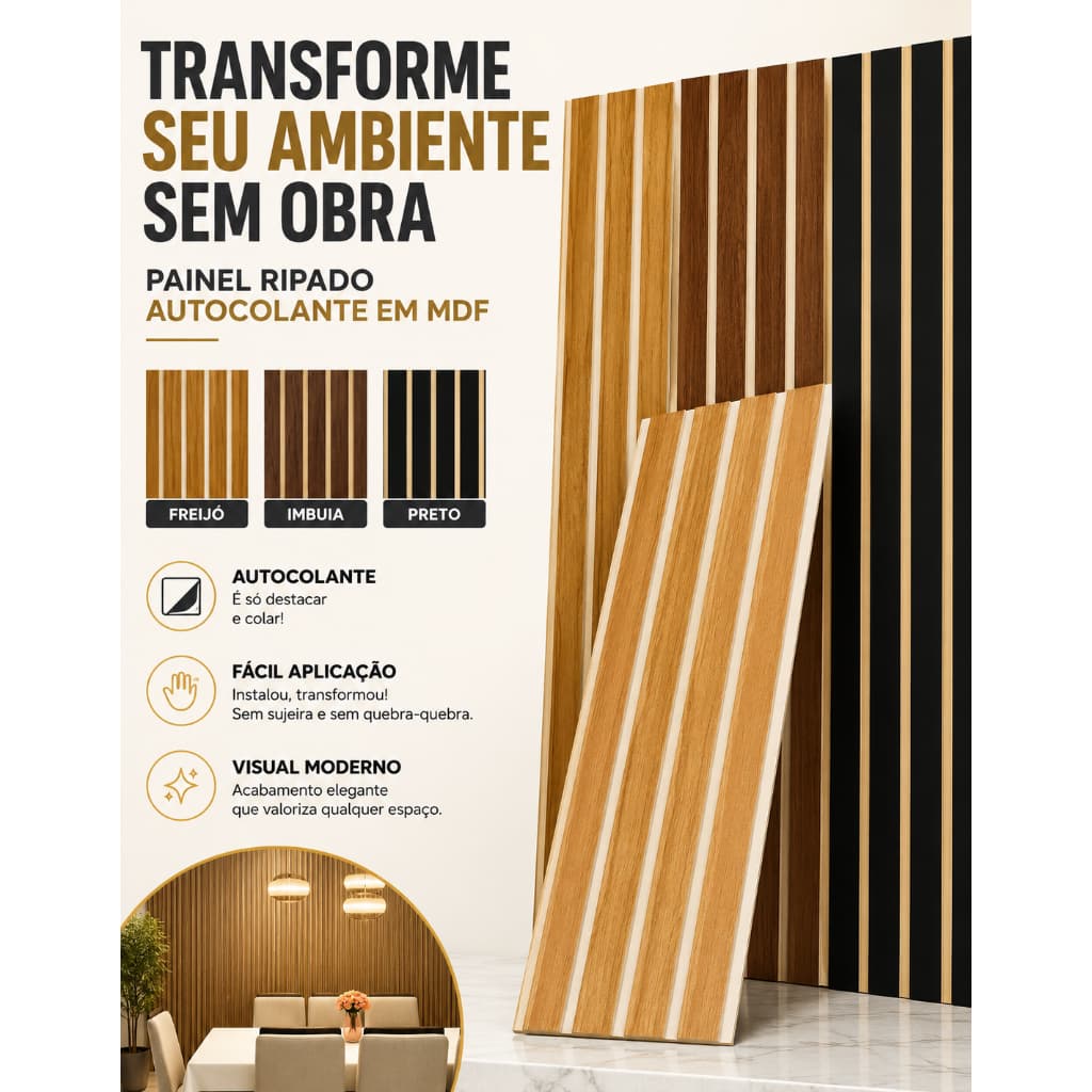 Kit Placas Ripadas Autocolantes em MDF Premium para Decoração de Parede Envio Imediato