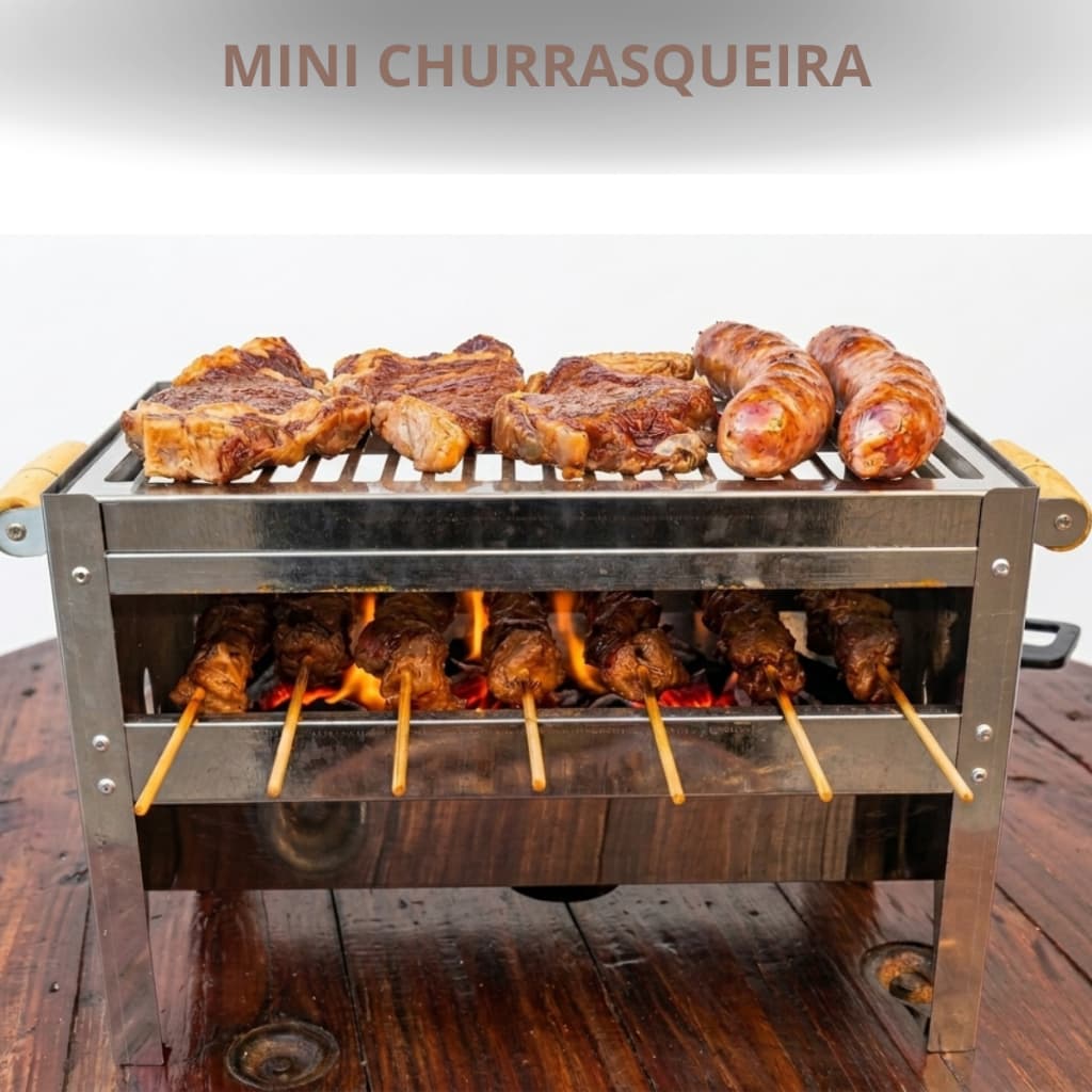 Mini Churrasqueira Aço Galvanizada Portátil Versátil a Carvão Pequena Compacta Praia Camping Movel Com Grelha Churrasco