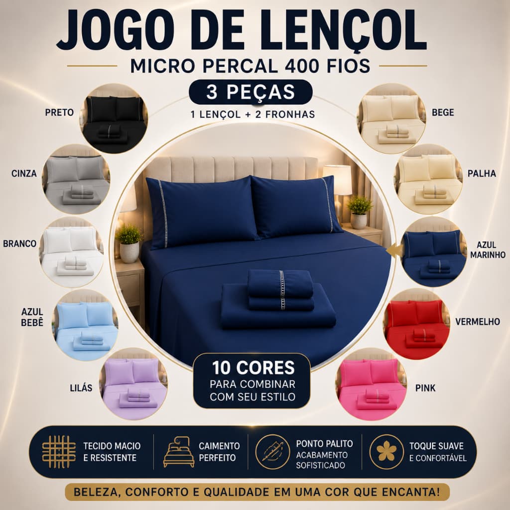 Lençol 400 Fios + 2 Fronhas Toque de Hotel Percal | King Queen Casal Solteiro