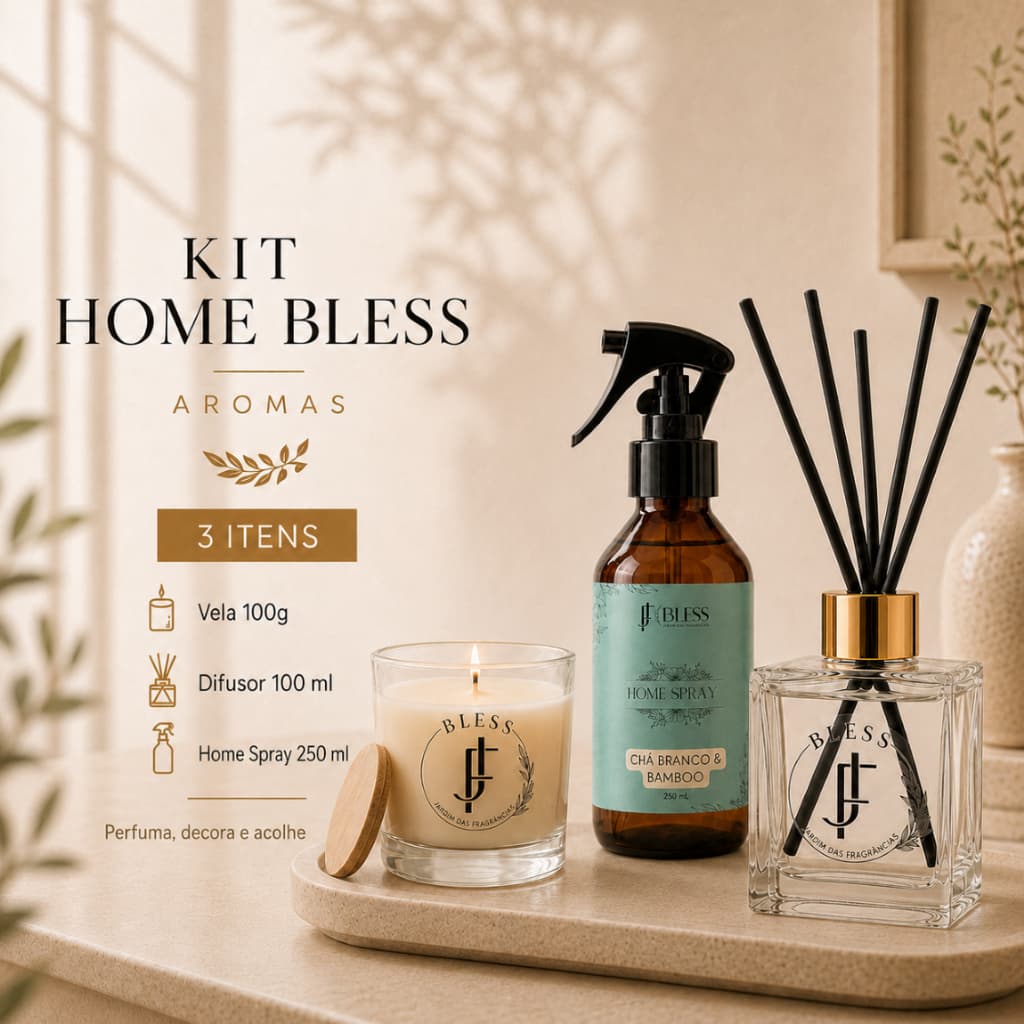 Kit Ambiente Perfumado Home Bless Vela Aromática Perfumada + Difusor de Varetas + Home Spray Aromatizador de Ambiente