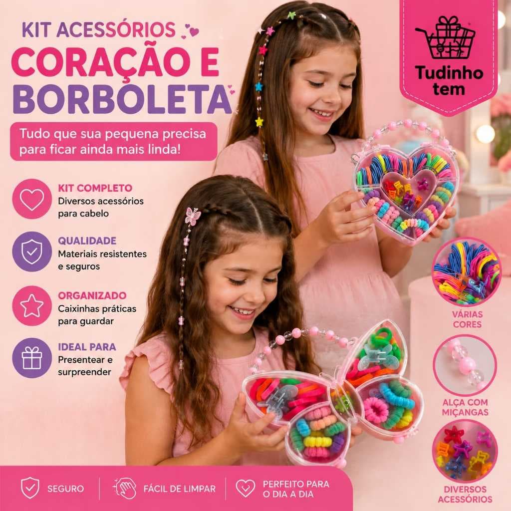Maletinha Infantil com Acessórios de Cabelo, Kit Completo com Elásticos, mini Presilhas, Lançamento, Meninas
