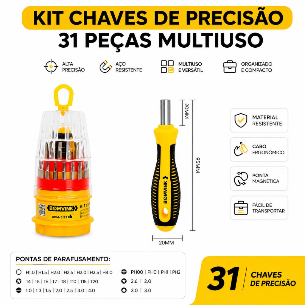 Kit Chaves de Precisão 31 Peças Multiuso – Eletrônicos Celular Óculos Relógio Notebook