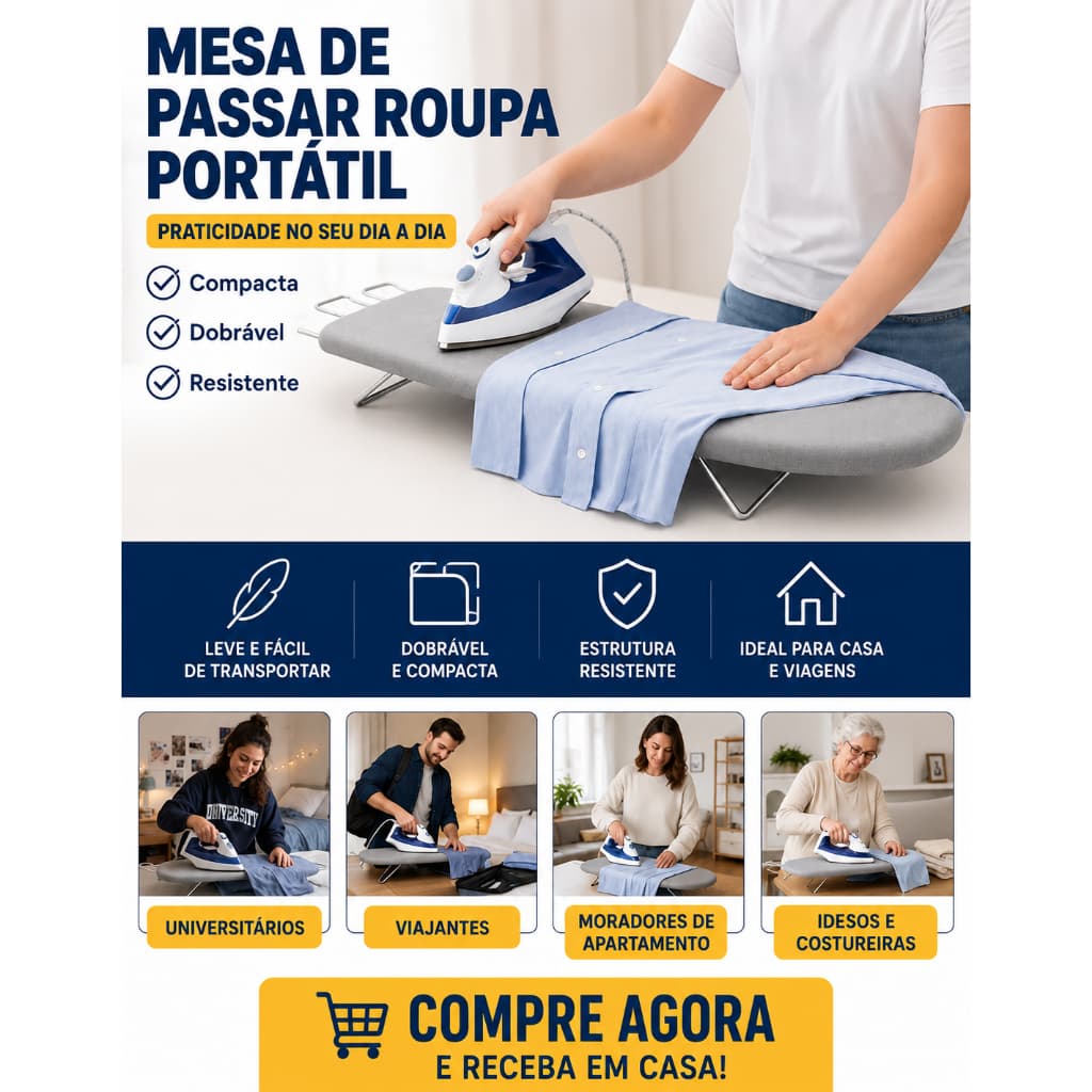Mesa de Passar Roupa Portátil Compacta com Suporte Ideal para Viagens e Lavanderia Aço Reforçada