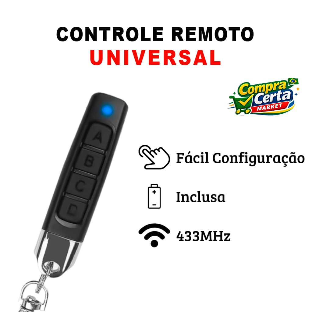 Controle Remoto Universal para Portão Elétrico Eletrônico Garagem com Chaveiro 4 Botões