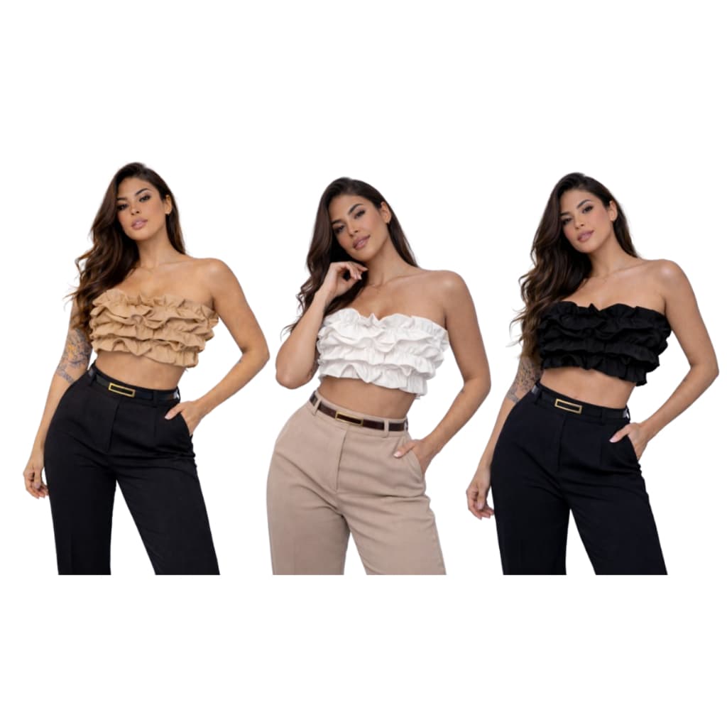 Kit 3 Cropped Feminino Tomara Que Caia Alfaiataria Bojo Babado Amarração Elegante Moda Blogueira Festa Verão Tendência
