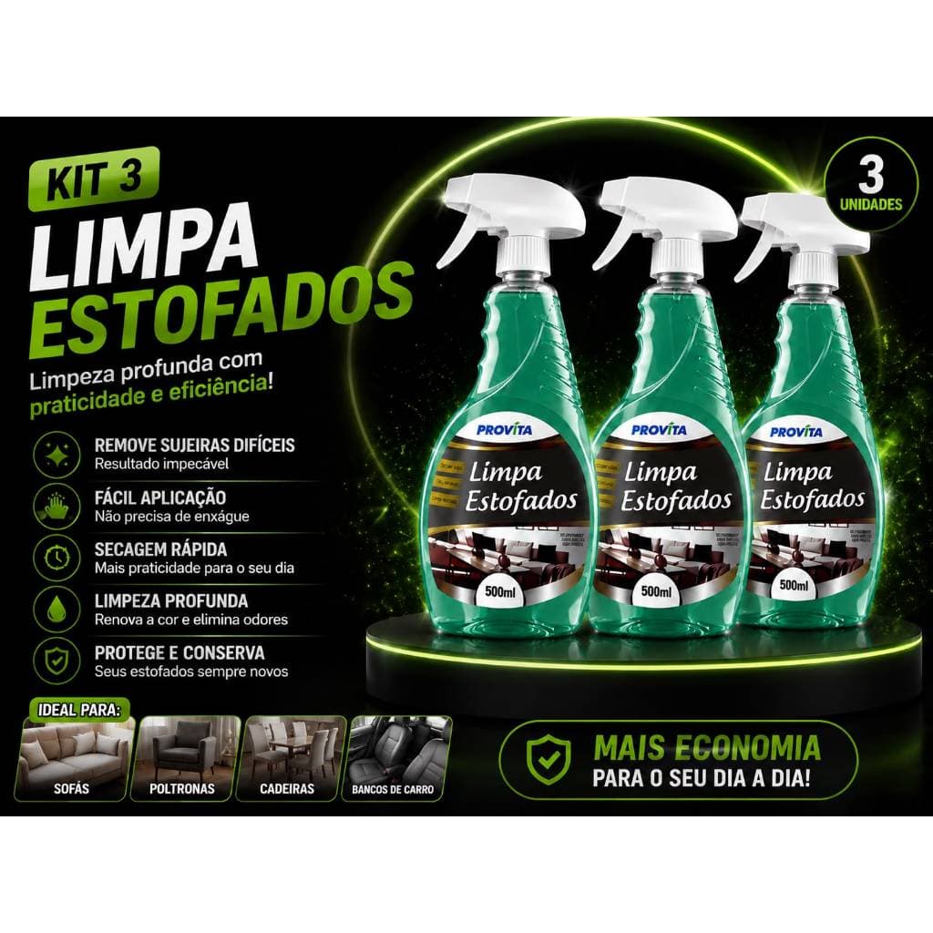 Kit 3 Limpa Estofados Espuma Seca Spray Perfumado 500ml Limpa Sofá Banco Carro Colchão Tapete Poltrona
