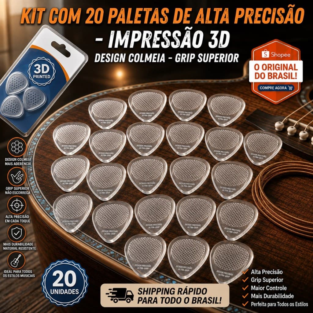 Kit 20 Palhetas Antiderrapantes Translucida para Violão e Guitarra – Alta Aderência, Conforto e Precisão