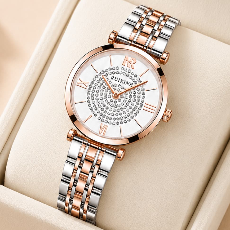 Relógio Feminino Quartzo R608 Cristais Aço Inox Miyota 33mm Luxo Resistente Água 3ATM Presente Namorada