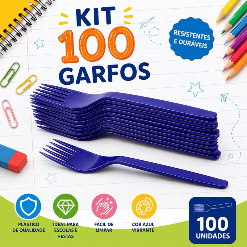 Kit 100 Garfo Escolar Plástica Azul Bic 7ml Alta Qualidade Creche Escola Merenda 1372