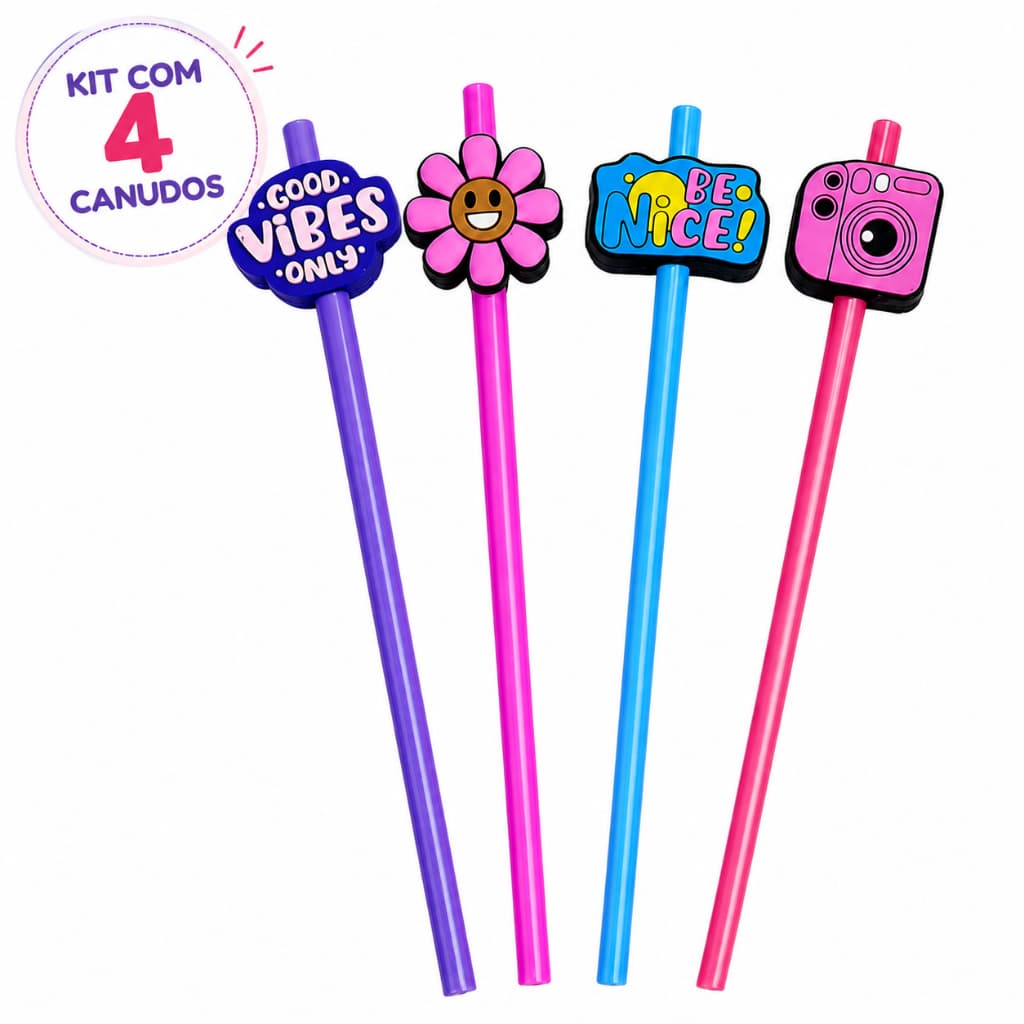 Kit 4 Canudos Divertidos Com Enfeites Coloridos Reutilizáveis 23cm 6mm