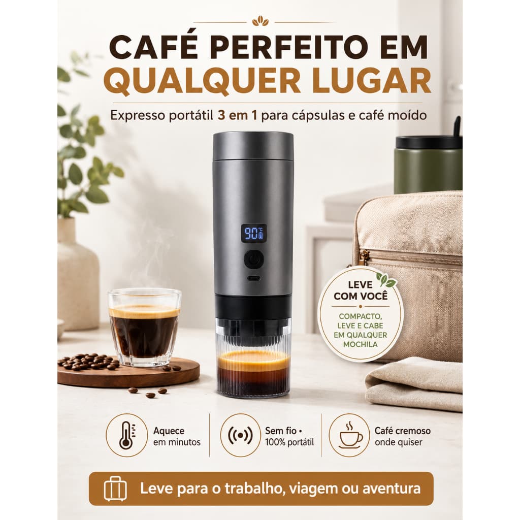 Máquina de Café Expresso Portátil 3 em 1 Elétrica Preta Modernas Cafeteira Cápsulas ou Café Moído