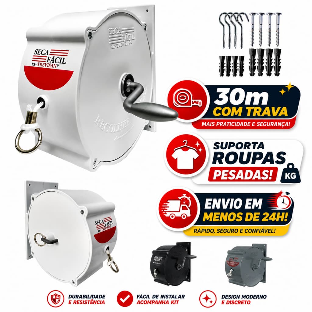 Varal De Roupas Retrátil Recolhivel Para Parede Seca Fácil Com Corda De 30m  Manivela Carretilha Para Apartamento
