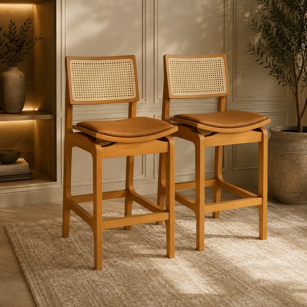 Banqueta Balcão Alta 68cm Madeira Maciça Reforçada Tela em Rattan Couro Caramelo Estofada