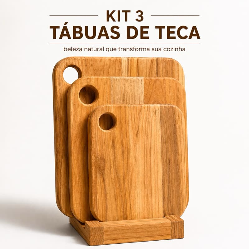 Kit 3 Tábuas de Carne Madeira Teca com Suporte | Tábua de Churrasco | Tábua de Corte | Cozinha | Área Gourmet